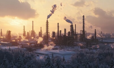 Fototapeta premium Scenic refinery skyline under a soft snowy morning light, with rising steam and intricate industrial details creating contrast,