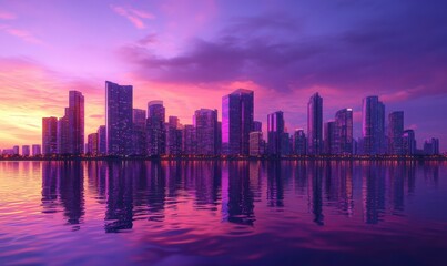 Fototapeta premium Scenic view of a modern city skyline at twilight, vibrant hues of purple and orange reflecting off glass buildings, calm water adding serenity,