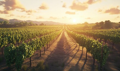 Naklejka premium Scenic view of a vineyard at sunset, rows of grapevines stretching into the distance, soft golden light casting long shadows, evoking peace and elegance,
