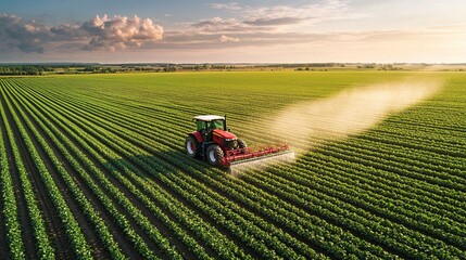Red Tractor Sprays Crops in the Green Cultivated Farmland