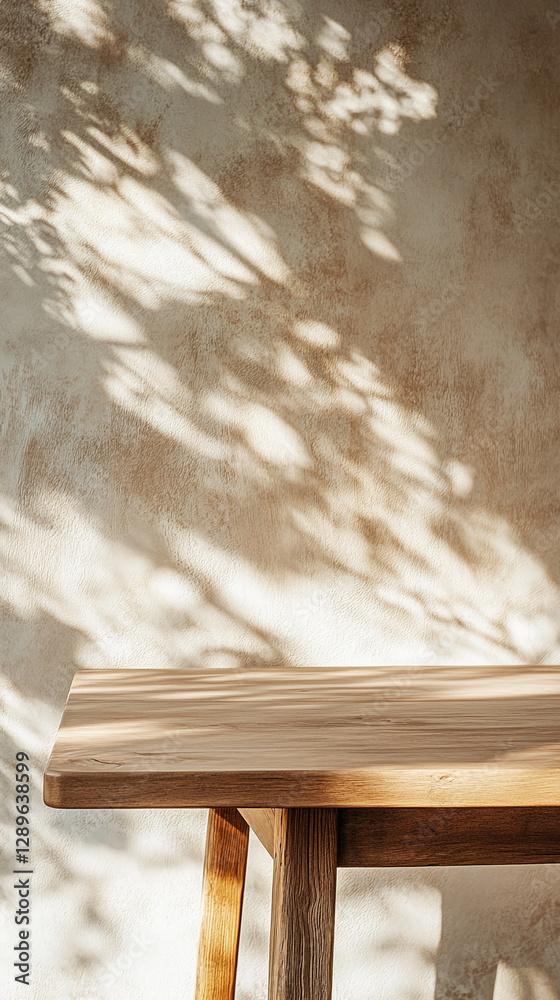 Poster Wooden table with natural light and shadows from plants creating a calming and minimalist atmosphere. This image represents simplicity, warmth, and a connection to nature.