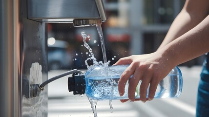 Refilling a water bottle at a public drinking fountain on a bright day. Stay hydrated and eco-friendly. A refreshing splash!
