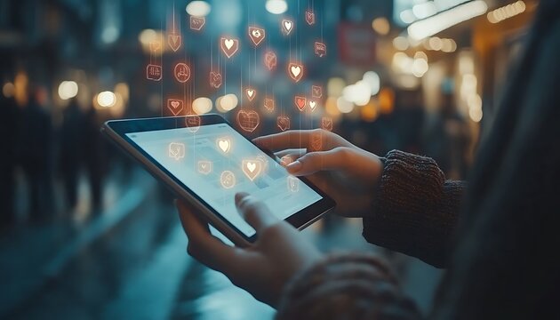 Woman using tablet, social media, city night - Powered by Adobe