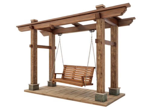 Elegant Wooden Pergola Swing with Platform and Chains isolated on white background as transparent. PNG.AI GENERATED