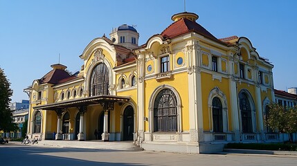 The Historic Train Station Building Features Yellow Exterior and Elaborate Design