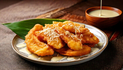 beautifully arranged plate of crispy Indonesian Pisang Goreng, golden fried banana fritter