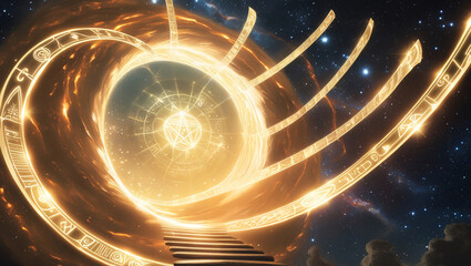 Massive, glowing portal suspended in the cosmos, swirling with radiant energy and sacred symbols. Inside the portal, holographic Akashic records of past lives universal wisdom, spiritual, metaphysical