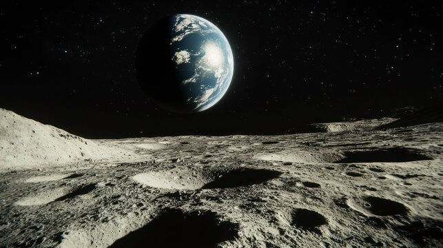 A breathtaking view showcases Earth from the moon's surface as a solar eclipse occurs in the background, casting shadows across the lunar landscape. The vastness of space is evident