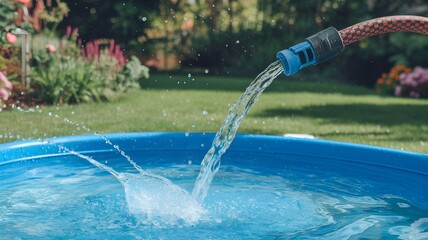 Splashing into Summer: A garden hose fills a blue pool with water under the warmth of the sun. Inviting and refreshing.
