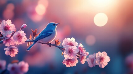 Fototapeta premium Bird on tree branch with beautiful flower in Spring.