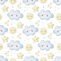 seamless pattern with cartoon cloud, stars, sun, decor elements. Colorful illustration flat style for kids. Space. hand drawing. baby design for fabric, print, wrapper, textile