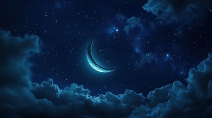 In the night sky, a crescent moon hangs like a silent echo of the universe, wrapped in the shadow of clouds, carrying a mystery waiting to be unveiled in the silence of the stars.