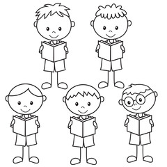 Stick figure boys   are reading books vector cartoon illustration