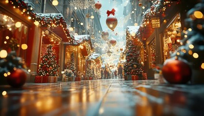 Holiday shopping with glowing AR deals and product data, vibrant festive market, dynamic lighting, photorealistic