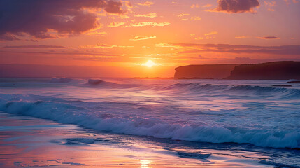 Fototapeta premium Serene Coastal Sunset with Vibrant Sky and Reflective Waves, Framed by Silhouetted Rocks