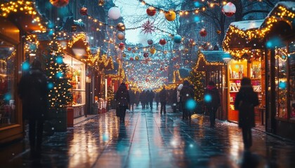 Obraz premium Holiday shopping with glowing AR deals and product data, vibrant festive market, dynamic lighting, photorealistic