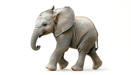 Fototapeta premium A Young Elephant Walking Forward On A Pure White Background