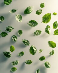 Aesthetic Arrangement of Fresh Green Leaves on Light Background for Natural and Organic Concepts in Design and Decoration