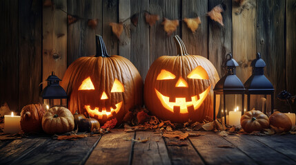 Obraz premium Halloween pumpkins and lanterns on a wooden background, Halloween photography backdrop