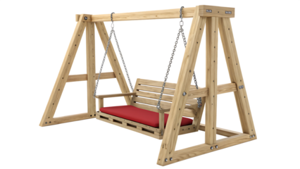 Wooden Swing with Red Cushion isolated on white background as transparent. PNG.AI GENERATED