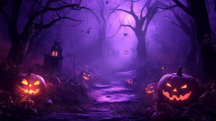 Fototapeta premium Halloween pumpkins with carved faces sitting on the ground in front of an old forest at night, illuminated by warm lights from behind