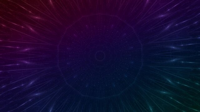 energievoll leuchtende Lichtpunkte bewegen sich langsam Richtung Zentrum, digitaler Datentransfer, Algorithmus, Internet, Datenfluss, Geschwindigkeit, Wandel, Austausch, violett, lila
