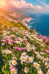 Obraz premium Beautiful colorful wild flowers at sea beach in Spring.