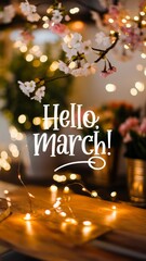 Cozy Spring Indoor Scene with Cherry Blossoms and 'Hello, March!' Text Generative aI