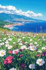 Fototapeta premium Beautiful colorful wild flowers at sea beach in Spring.