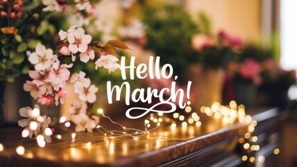 Cozy Spring Indoor Scene with Cherry Blossoms and 'Hello, March!' Text Generative aI