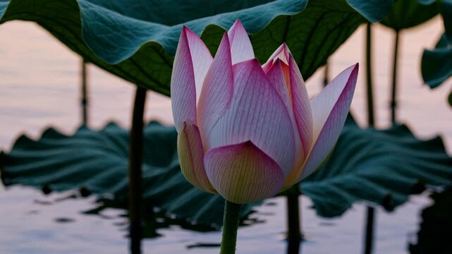 Close-up video of a lotus bud with large leaves in the background. Low-angle shot capturing serene, natural beauty at dusk.