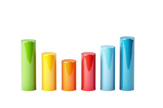 Colorful stack of cylindrical shapes in various heights arranged on a white background, showcasing a vibrant progression from green to blue representing growth or measurement