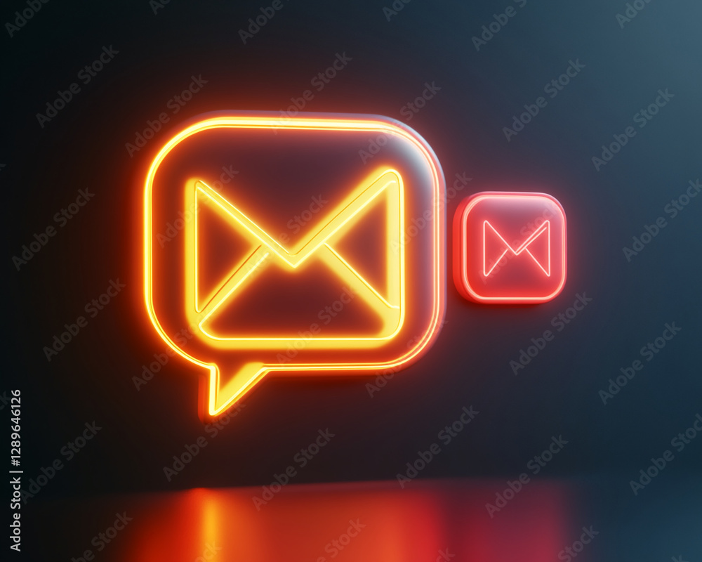 Poster neon glowing envelope and smaller mail icon in vibrant orange and red, representing communication, m
