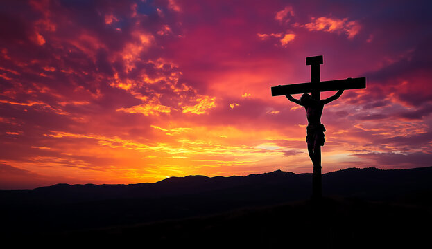 Silhouette of Jesus Christ on the cross against a dramatic sunset sky, powerful religious imagery symbolizing faith and sacrifice with copy space