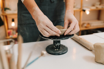 Artisan sculpts ceramic bowl using potter's wheel. Hands shaping clay into dish in the craft studio.