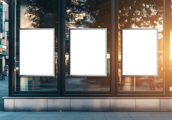 Three empty illuminated poster frame mockups on a glass storefront with warm sunset reflections, blank advertising billboards for retail branding and visual merchandising