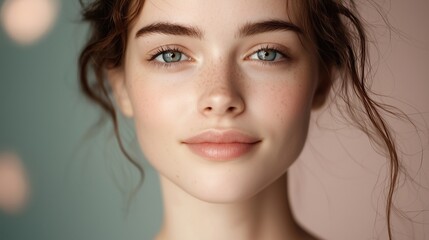 Fototapeta premium A close-up portrait of a young woman with striking blue eyes and a natural smile.