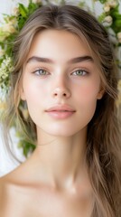 Naklejka premium A young woman with long hair and natural makeup, surrounded by flowers against a light background.