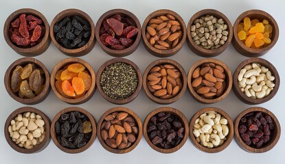 Assorted Nuts and Dried Fruits Displayed in Wooden Bowls on White Background, Perfect for Healthy Snack and Culinary Inspiration