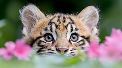 Obraz premium Cute baby clouded leopard peeking flowers garden