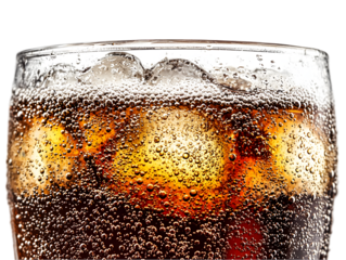 A close-up of overflowing cola fizz, bubbly and dark brown, cascading over the edge of an invisible glass, sparkling carbonation with tiny bubbles rising.