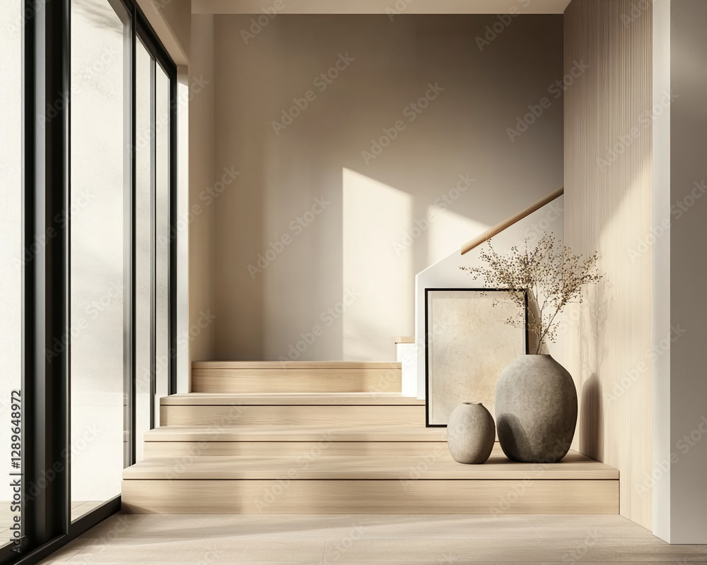 Poster modern minimalist staircase with wooden steps and soft natural lighting, complemented by vases and a