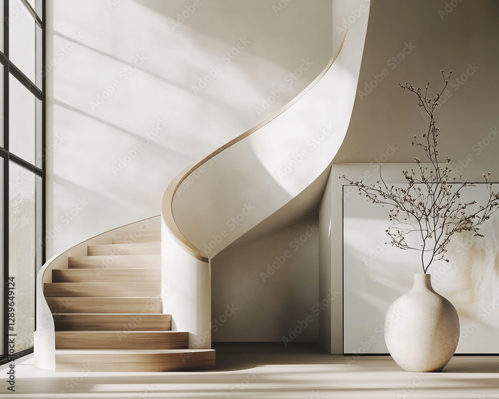 Poster modern minimalist staircase with wooden steps and soft natural lighting, complemented by a vase with