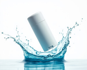 A white cylindrical container drops into clear blue water, causing splashes and tiny droplets to scatter. The focus is on the movement and energy of the water, emphasizing freshness.
