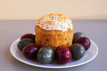 Easter cake and colored eggs, Orthodox holiday Easter.	