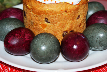 Easter cake and colored eggs, Orthodox holiday Easter.	