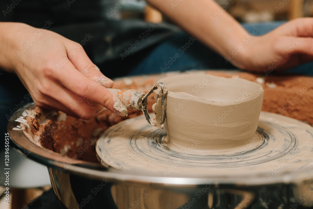 Poster artisan forms clay pot with potters tool on the spinning wheel. creating ceramic earthenware on the 
