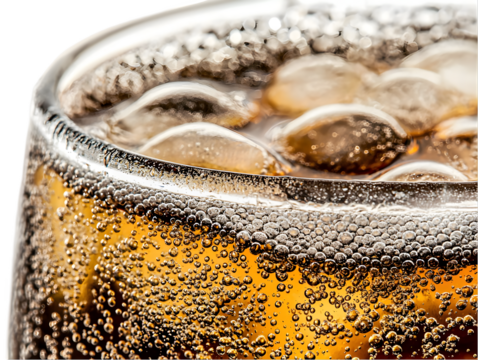 A close-up of overflowing cola fizz, bubbly and dark brown, cascading over the edge of an invisible glass, sparkling carbonation with tiny bubbles rising.