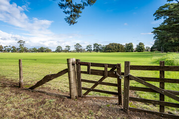 a wooden gate opening onto a vast green field or pasture under a blue sky. Background texture of a...