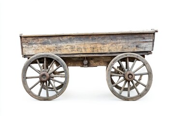 Antique Weathered Wooden Wagon with Spoked Wheels on White Background